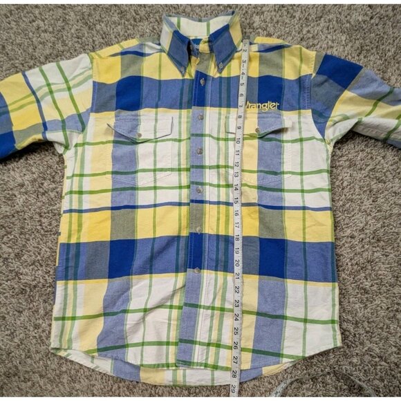 Vintage Wrangler Button Down Shirt Mens Medium Yellow Plaid Sleeve Spellout - Picture 8 of 8